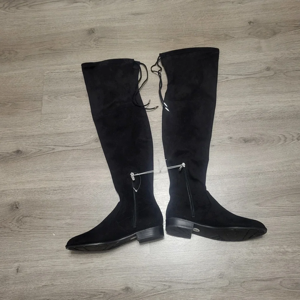 Marc Fisher Black Faux Suede Over The Knee Flat Boots Size 5 Tie Back Thigh High